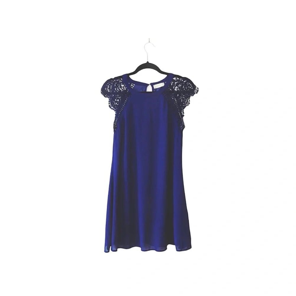 Altar’d State Crochet Sleeve Shift Dress Navy Blue Mini Lined Small Women’s